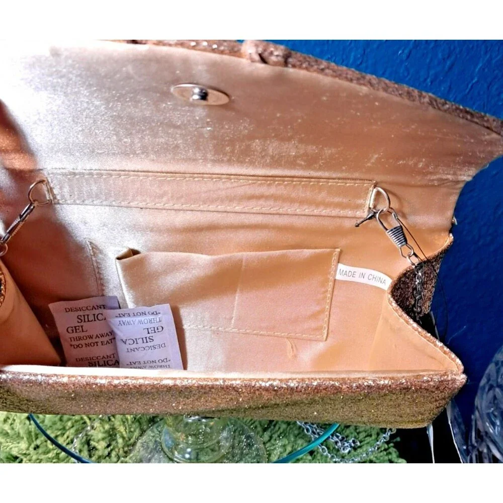 NWT Sasha New York Gold Glitter Silver Rhinestone Envelope Clutch Evening Purse - Picture 10 of 13